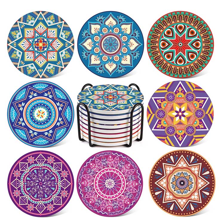 Mandala Style Absorbent Ceramic Drink Coasters Set