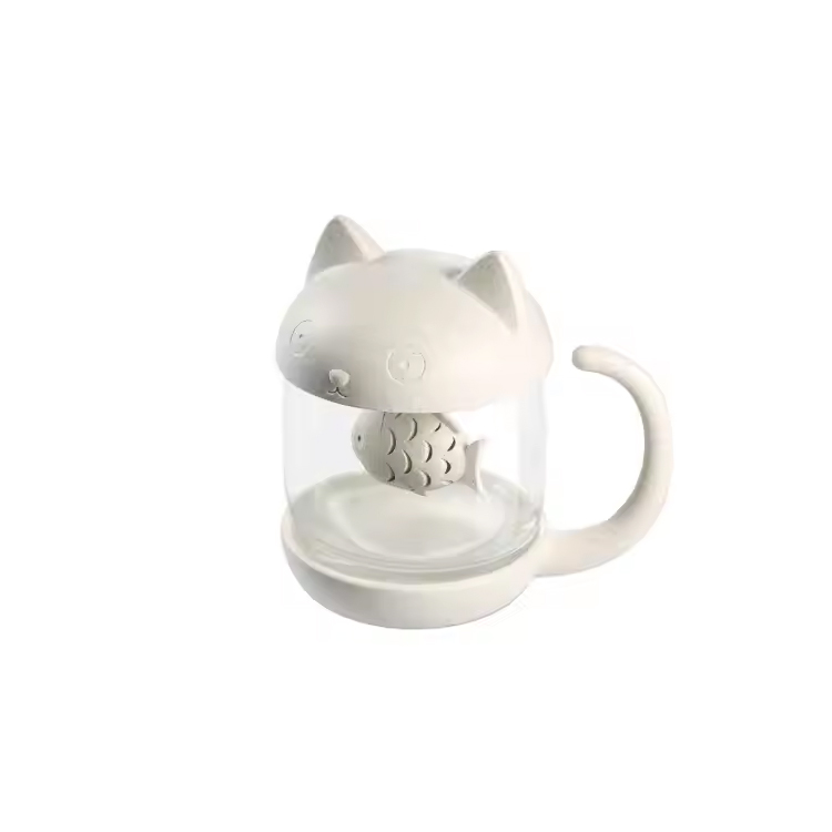 Office Tea Cup with Fish Infuser Strainer Cat-Shaped Glassware